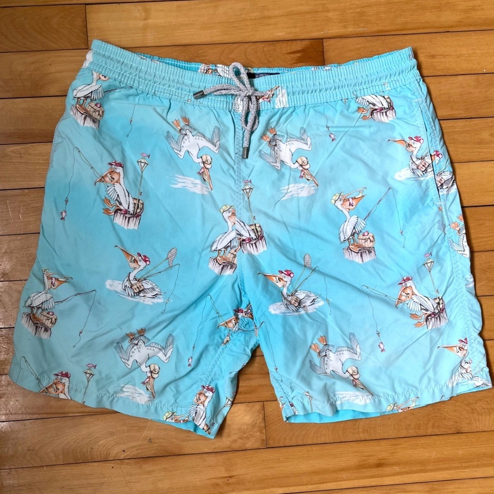 Vilebrequin Moorea Swim Trunks XL Turquoise Blue Pelican Fishing Print Shorts